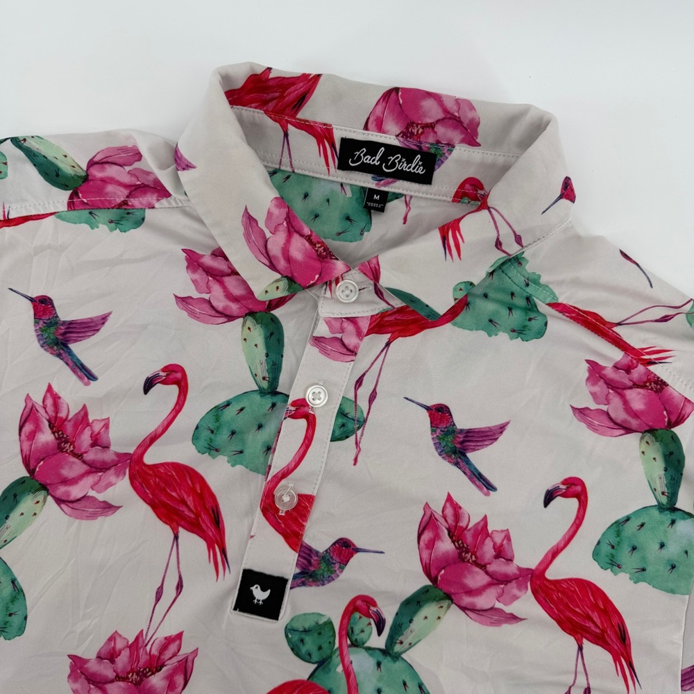 Bad Birdie Polo Mens Medium Gray Flamingo Cactus Hummingbird Golf Shirt S/S